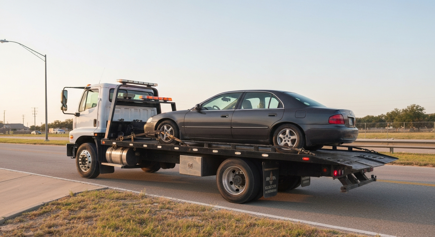 Flatbed tow truck carrying a sedan on a South Dallas roadside