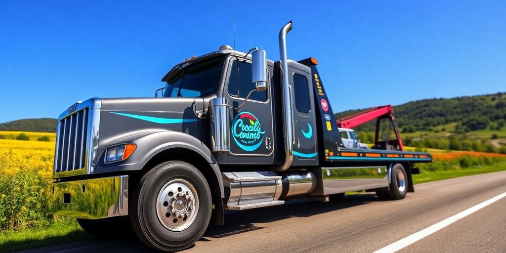 Modern tow truck parked on a scenic roadside.