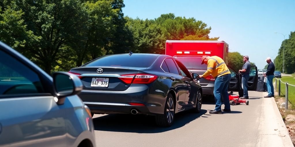 Stranded vehicle with mechanic assisting on roadside.