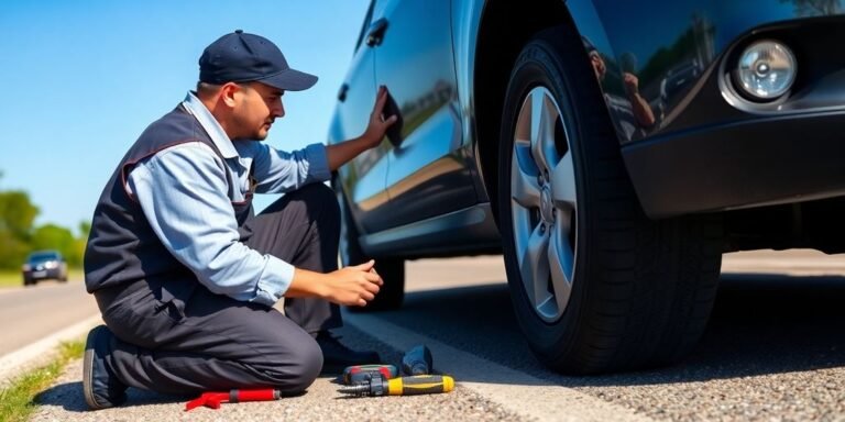 Mechanic helps driver with flat tire roadside.