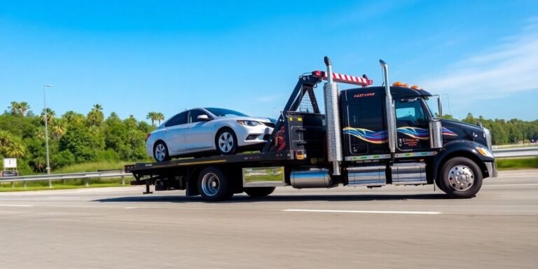 Tow truck transporting a vehicle on a highway.