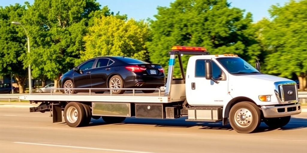 Flatbed tow truck on a road in DeSoto, TX.