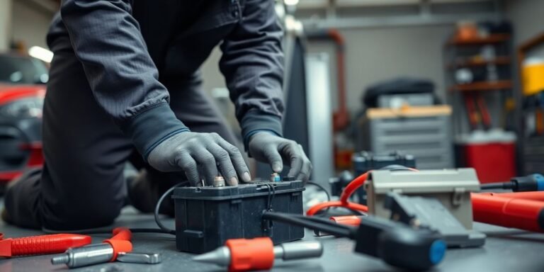 Mechanic jump-starting a car in DeSoto TX garage.