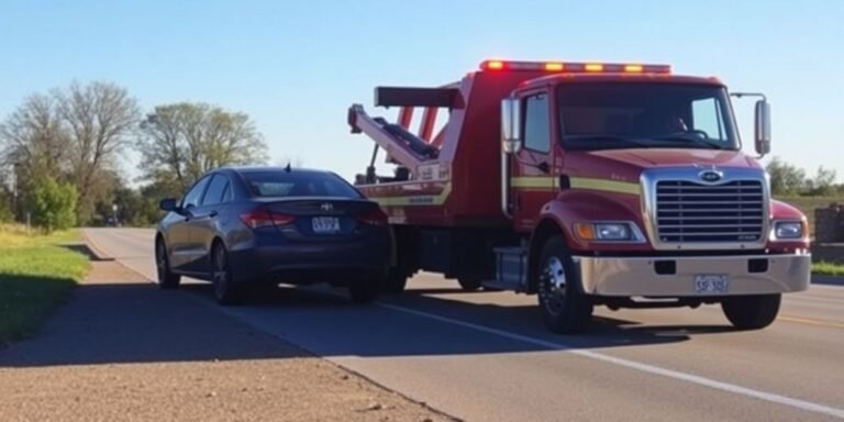 Tow truck helping a stranded car on the roadside.