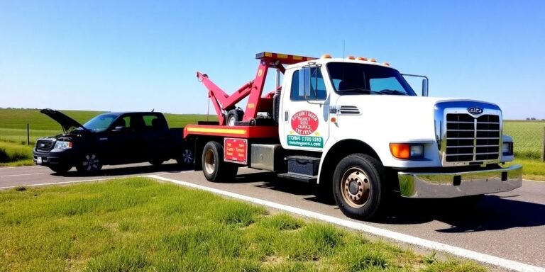 Tow truck assisting a vehicle on a sunny day.